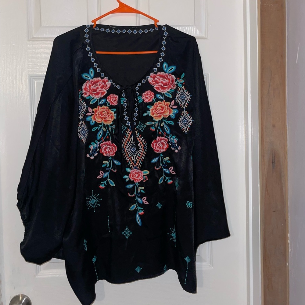 Embroidered V-Neck Floral Peasant Top - Black with Rose Accents